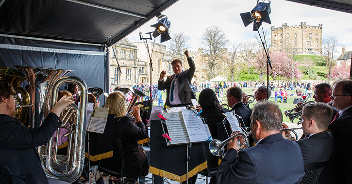 Orchestra performing at Palace Green at Durham UNESCO World Heritage Site.
